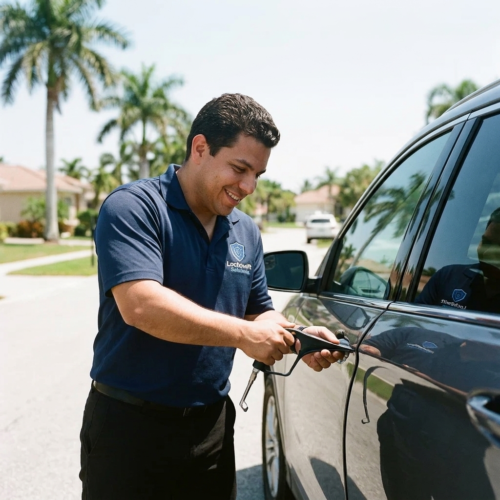 Professional locksmith technician performing precision entry